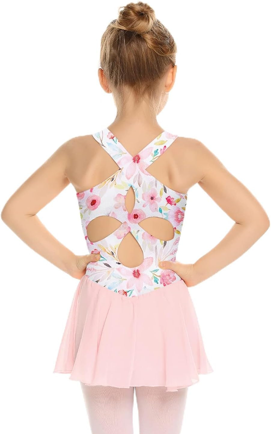 Kid Girls Hollow Back Ballet Leotard with Skirt Sleeveless Dance Dresses